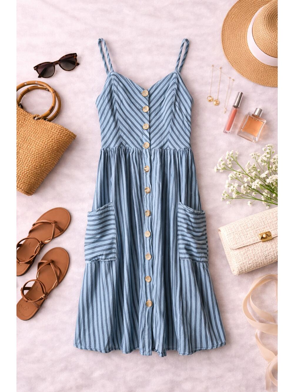 UO Cooperative Women's Blue Striped Button Front Midi Dress Pockets Linen Size L